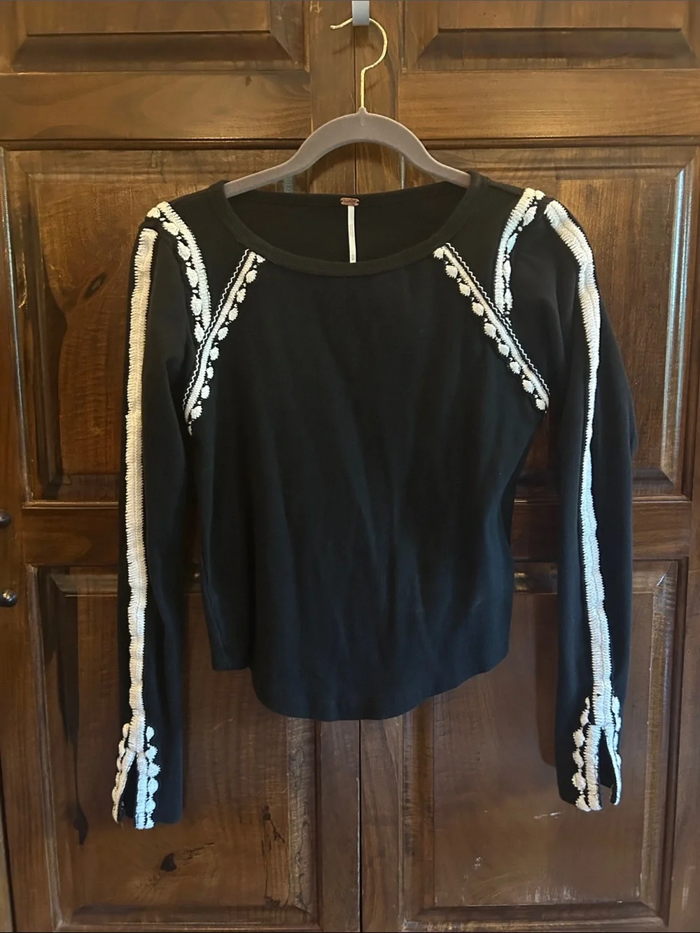 Free People Black Long Sleeve Top with White Embroidery